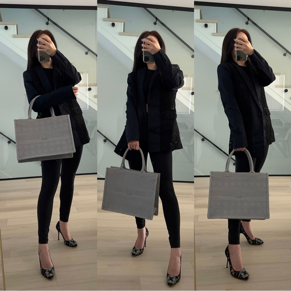 Authentic NEW Christian Dior Embroidered Cannage canvas grey medium book tote - Picture 5 of 16